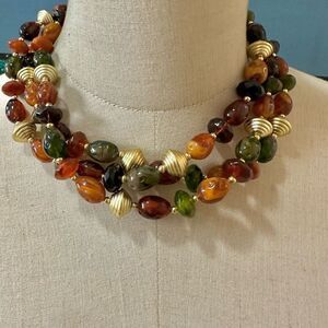 Green brown gold tone multi strand beaded necklace